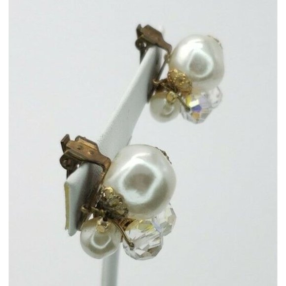 Earrings Clip On Faux Pearl AB Rhinestone Vintage - Picture 11 of 12
